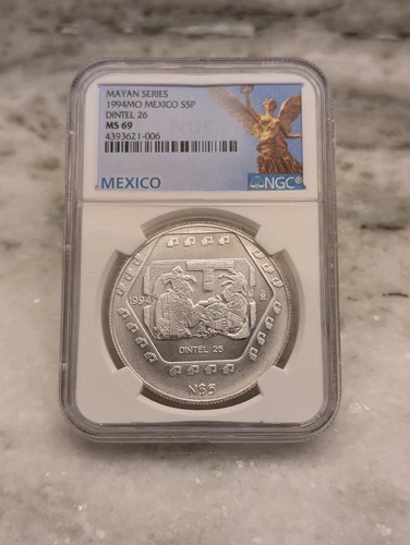 1994 MEXICO SILVER 5 PESOS S5P MAYAN SERIES DINTEL 26 NGC MS 69 Libertad Label 