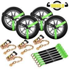 6 Pack Car Tie Down Wheel Tow Ratchet Straps with 16" Chain Anchors for Trailers