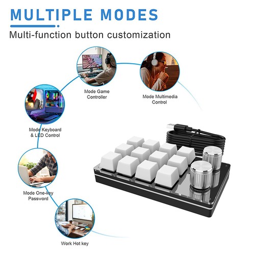 12 Key 2 Knob Programming Macro Knob Keyboard for Office(White wireless) - Afbeelding 7 van 12