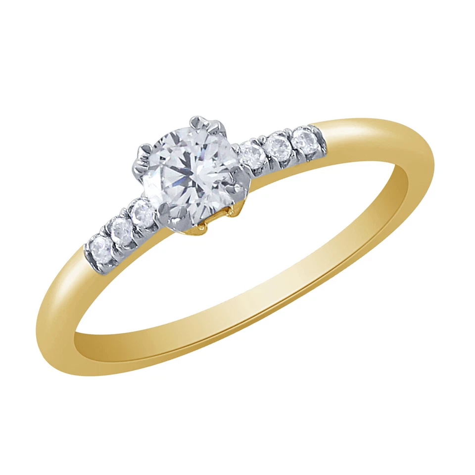 Anillo de compromiso de diamantes naturales redondos de 0,30 quilates de oro amarillo de 10 quilates para mujer Foto 2 de 4