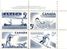 Canada, Postage Stamp, #368a Incript Block Mint NH, 1957 Fishing, Hunting (AJ)