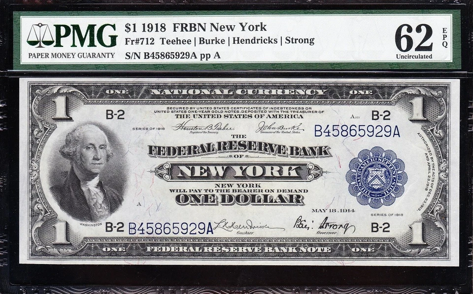Amazing CRISP UNCIRCULATED 1918 $1 New York FRBN Note! PMG 62 EPQ! FREE SHIPPING - Image 2 of 3