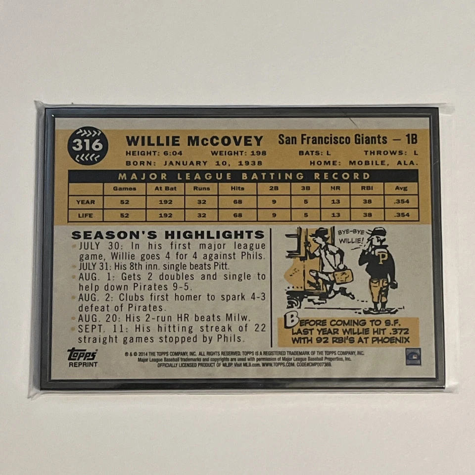 Willie McCovey 2014 Topps Framed Rookie Reprints Black /199 #316 HOF - Image 3 of 3