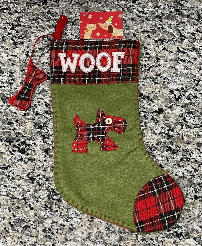 World Market "Woof" Dog Stocking w/Plaid Scottie Dog/Terrier, New Condition