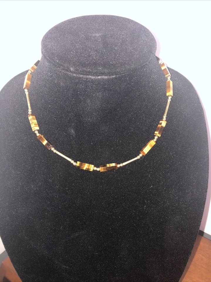 EXQUISITO Collar Oro 14k 16 Pulgadas con RARO Corte Cuadrado Ojo de Tigre Vinculado Foto 2 de 4