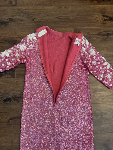 Vtg IMPERIAL Hot Pink Sequin Wool Knit Wiggle Dress Sz 12 S/M Barbiecore 1950s - Picture 16 of 20
