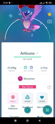 Pokémon Go -- non Shiny  Articuno Dynamax Level 50 + 3 moves  -- Trade  20k dust