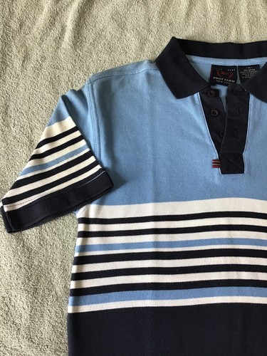 Boys Phat Farm Nice powder blue/navy/green/white Striped Crest Logo Polo Shirt M - Picture 2 of 12