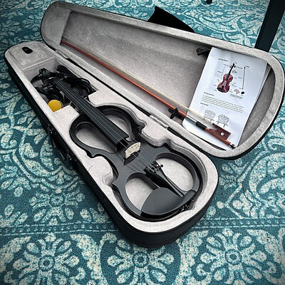 #ad 4 4 Full Size Black Electric Violin with Case Bow Headphones Rosin and More $89.55