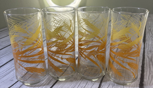 Vintage 1970s Set of (4) Libbey Golden Harvest Wheat Tall 16oz Tumbler Glasses.