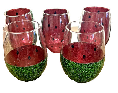 Glittered Handcrafted Watermelon Stemless Wine Glasses - Set of 5