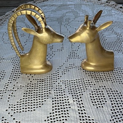 Vintage Pair Heavy Solid Brass Bookends Ibex/Gazelle Young One And Old One MCM 