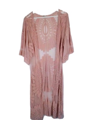 Rebellion Damen Lang Spitze Netz Strand Cover-Up Large Rosa Kurzarm Baumwolle