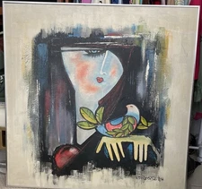 Original Art on Canvas Signed Contemporary Abstract Framed Vtg 40”x40”