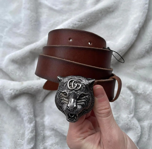 Gucci Tiger Brown & Silver Leather Belt - 110CM / 44" - $650 - New - Authentic