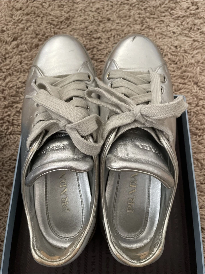 PRADA Leather  Silver Sneakers Size 36.5 - Image 3 of 4