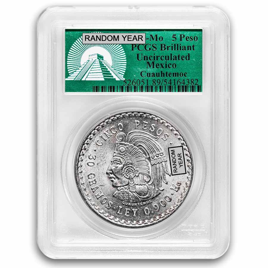 1947-1948 Mexico Silver 5 Pesos Cuauhtemoc BU PCGS (Green Label