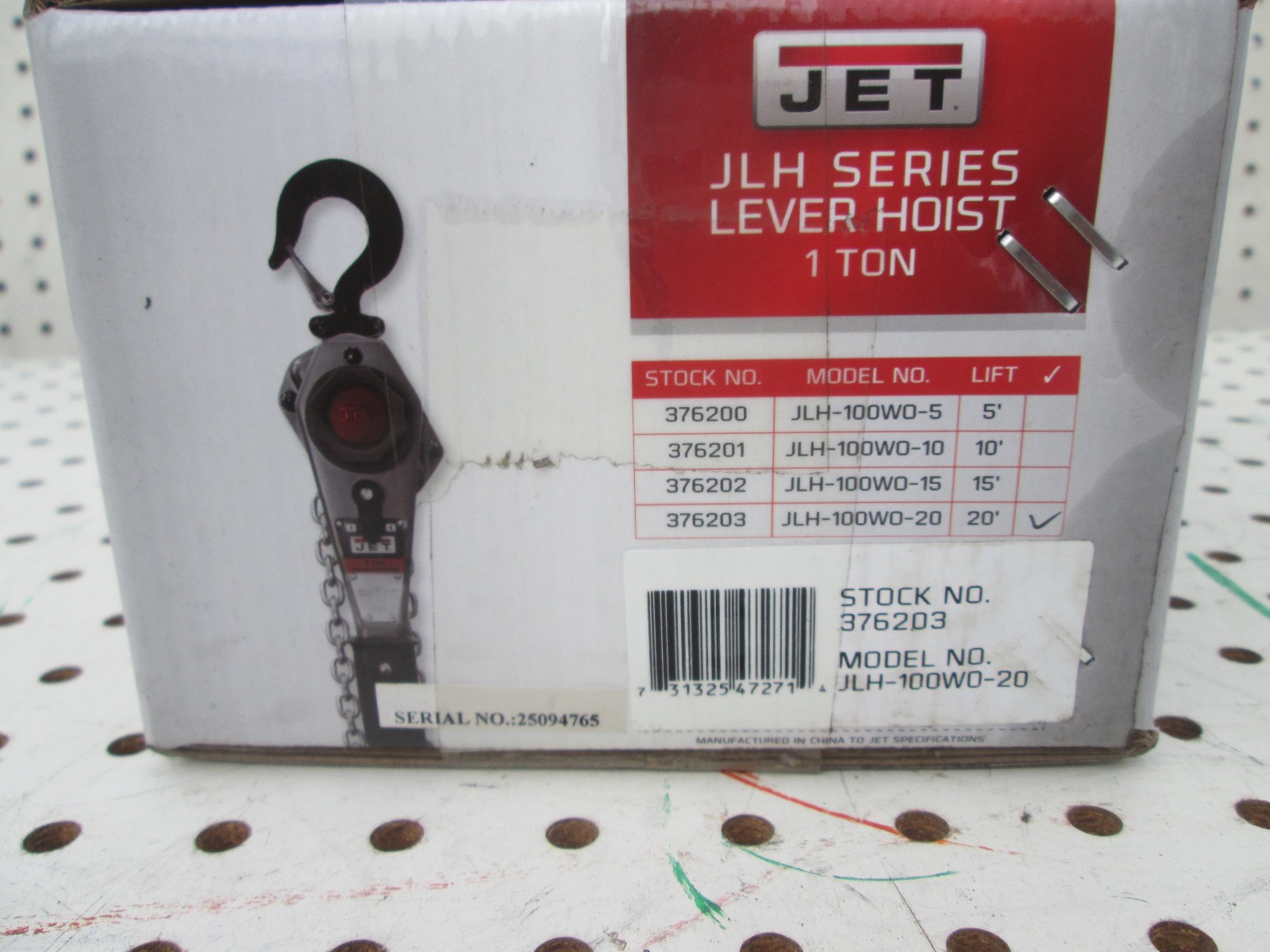 Jet 376203 JLH-100WO-20 JLH Series 1 Ton Lever Hoist 20ft Lift