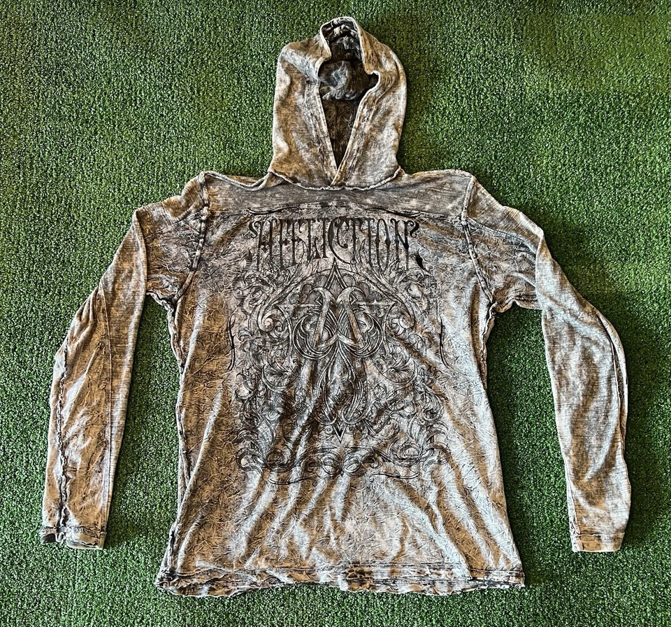 Affliction рубашка мужская маленький белый/серый/черный/синий с капюшоном длинным рукавом (двусторонний) - Изображение 2 из 4