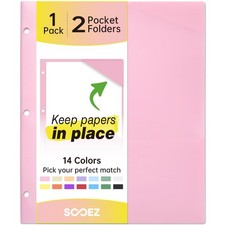 Sooez 2-Pocket Folders, Plastic Folders with Pockets 3 Hole 1 Pack, Pink