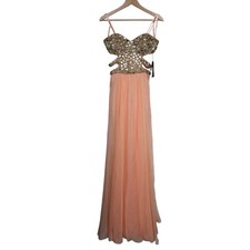NWT La Femme 18602 Strapless Cut-out Rhinestone Full Length Formal Gown Apricot