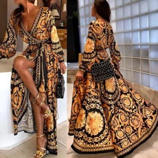 New Women Luxury Floral Print Long Sleeve Bodycon Boho Maxi Dress Streetwear