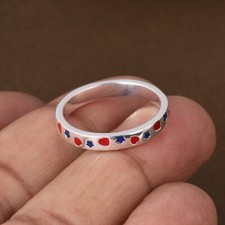 Star Blue & Heart Red Enamel Designer Band Silver Ring For Anniversary Gift