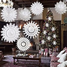 Pack of 12 Paper Snowflake Frozen White Christmas Shop Hanging Fan Decorations
