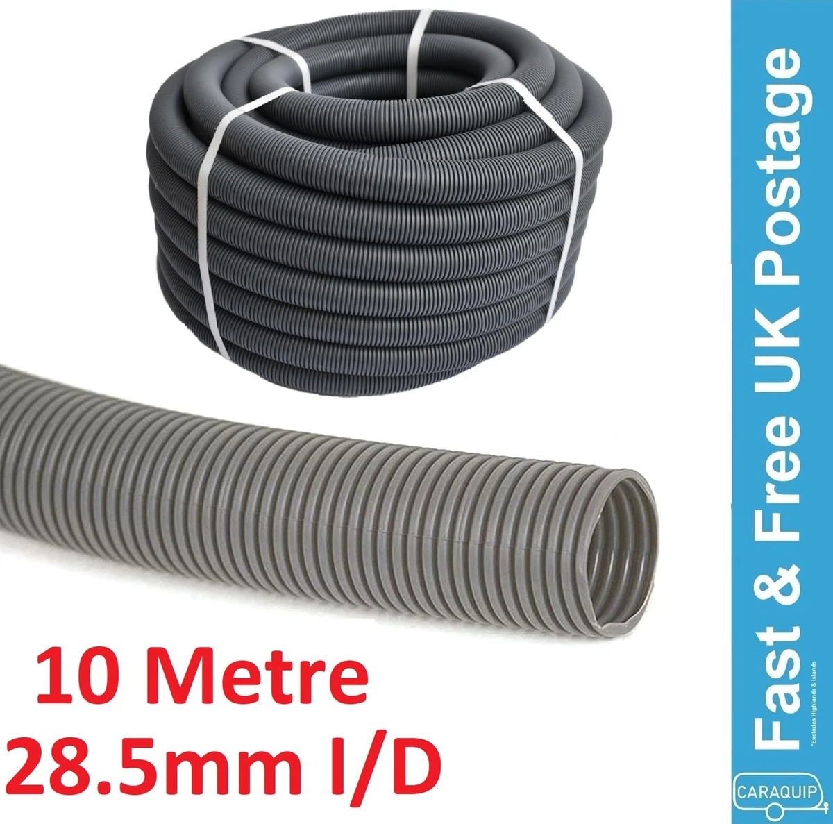 10m Waste Water Pipe 28.5mm ID Convoluted Grey Hose 10 Metre 