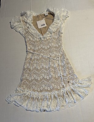 beige dress with white lace overlay Daytona Lace Overlay Padded Bust Midi Dress Beige