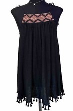 Mystree Small Black Embroidered Tassel Mini Boho Hippie Dress