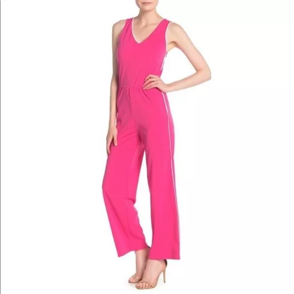 Love ady M V Neck Piped Legs Sleeveless Pant Jumpsuit Pink