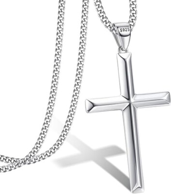 925 Sterling Silver Cross Pendant Necklace 2MM Curb Chain Necklace 16''-30'' Italy