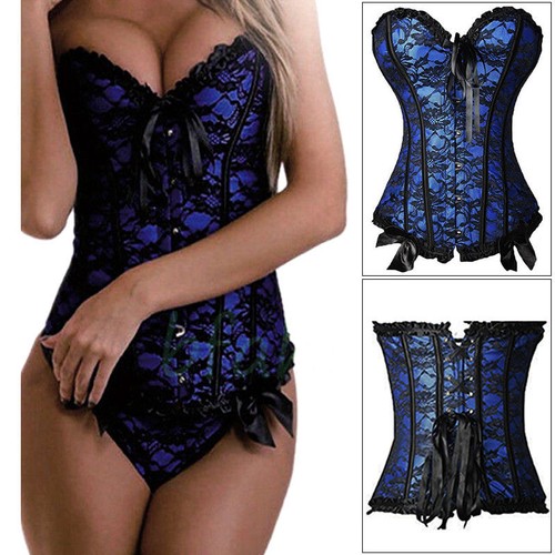 Women Black Overbust Boned Corsets Burlesque Basque Hot Lace-Up Shaper Plus Size - Picture 44 of 48