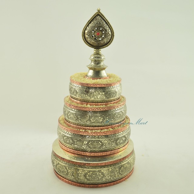 Tibetan Buddhist White Metal Mandala Offering 6" Diameter