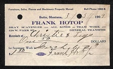 Leys Christies Jewelry Butte, MT 1909 Frank Hotop Dray Scavenger Receipt