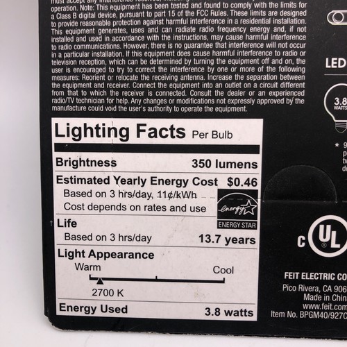 Feit BPGM40/927CA/FIL 2-Pack LED Soft White Bulb G16.5 Lamp 40 W Equivalent - Picture 4 of 4