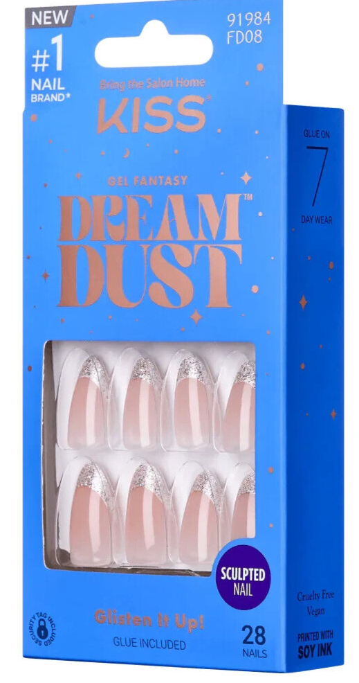 KISS GEL FANTASY DREAM DUST 28pc Set MEDIUM LENGTH Glue-On Gel Nails SUGAR RUSH