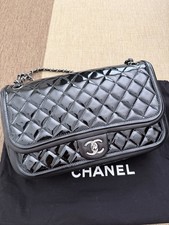 CHANEL Black Patent Leather Quilted Single Flap Shoulder Bag Silver CC