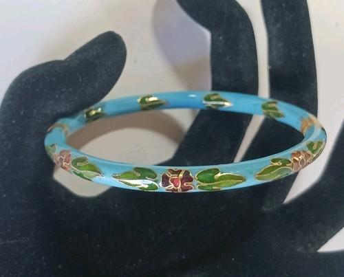 Cloisonne Bangle Bracelet Sky Blue Flower Hinged Clamp Small Vintage