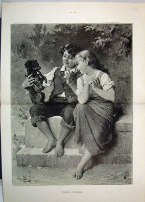 Alter antiker Druck 1885 Fido Lektion kleiner Junge Mädchen Welpe Hund süße Szene 19.