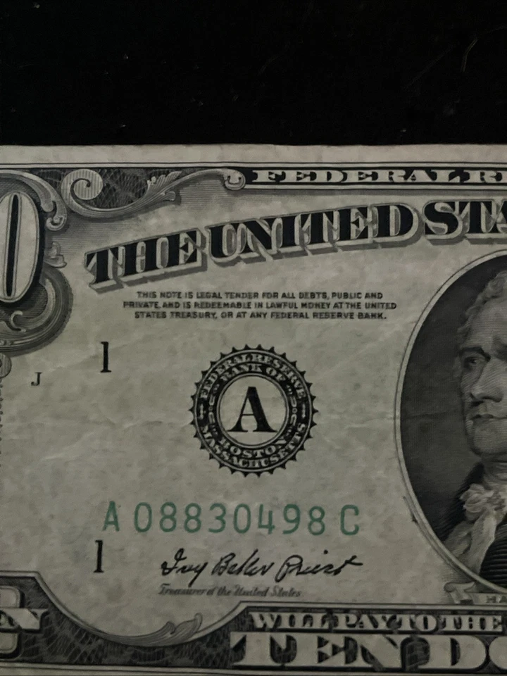 1950 Series B $10 Bill Federal Reserve Note. Fantastic Condition. A08830498C. - Image 3 of 3