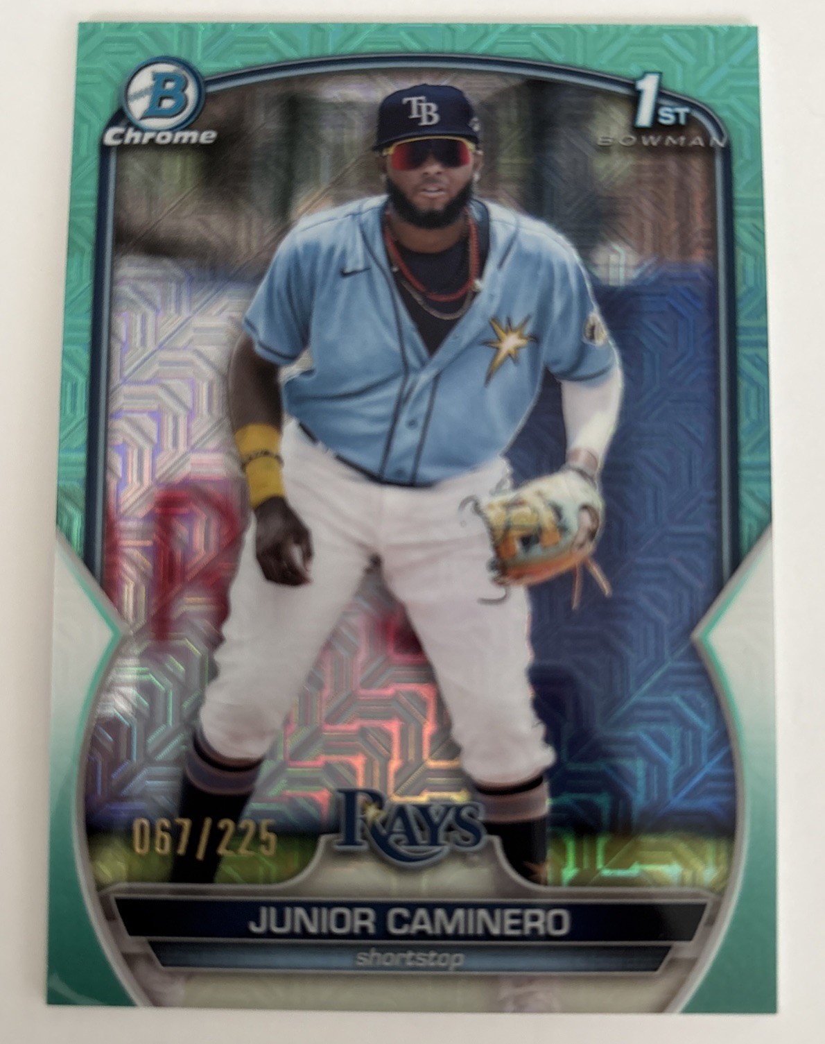 2023 Bowman 1st Chrome Prospects Junior Caminero Aqua Refractor Mojo /225
