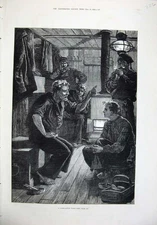 Original Old Antique Print 1880 Men Board Ship Fire Smoking Lamp Light Fine Art