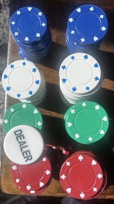 Lot of  197 Plastic Poker Chips (including Dealer Chip). Red, Blue, Green, White