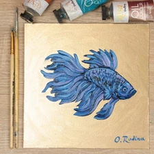 Original Oil Painting of Blue Betta Fish Gold Background Modern Small Wall Art