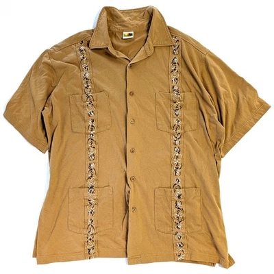 Haband Guayabera Shirt Mens XL Brown Short Sleeve Embroidered 4 Pocket Button Up - Image 1 of 4