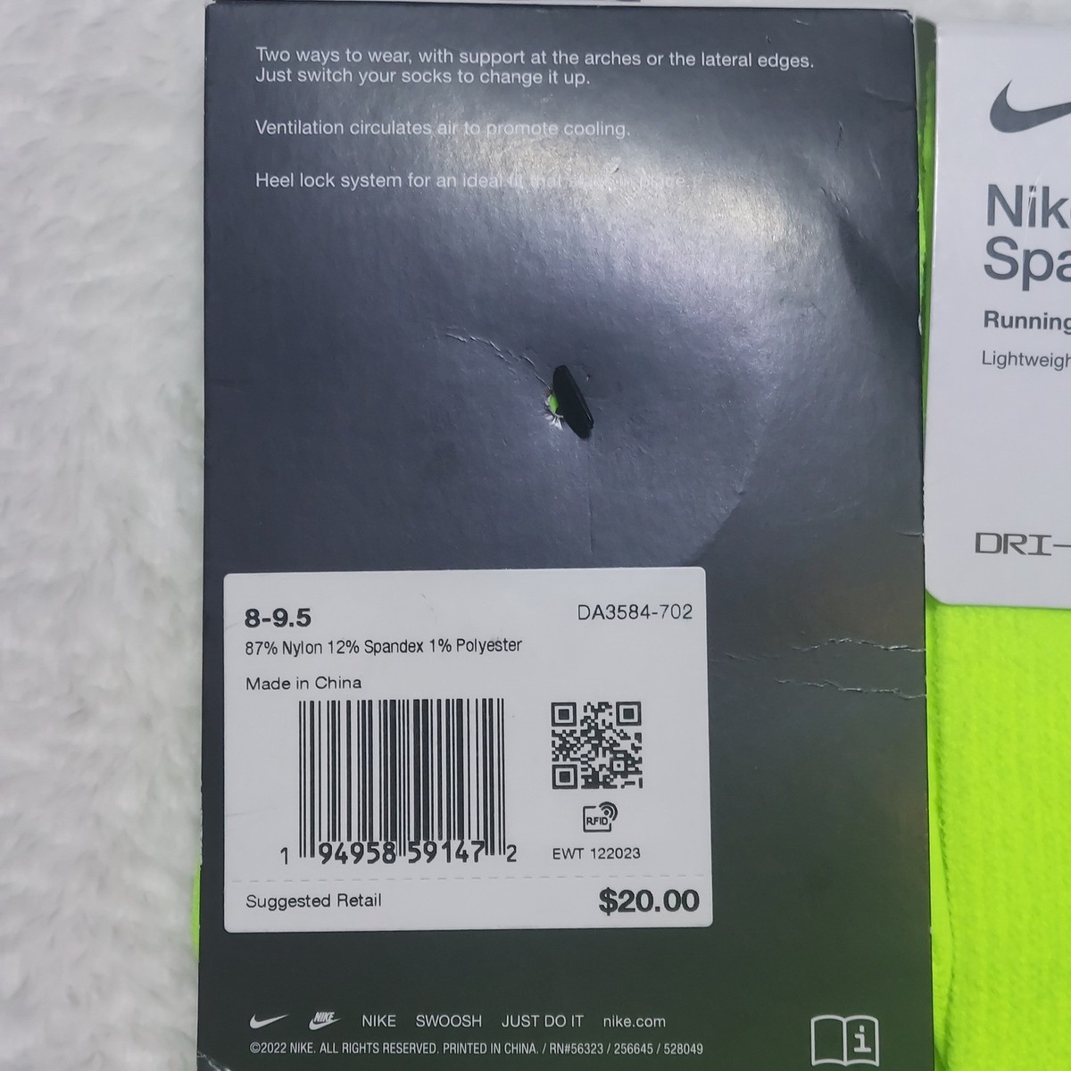 Pack of 2 Nike Spark Running Socks Men's 8-9.5 Volt Lightweight