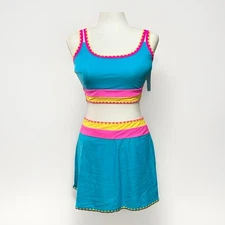 Popvil Women’s L 3PC Colorblock Tankini Bikini Swim Set Teal Pink Yellow NWT