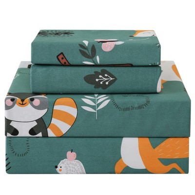 JSD Green Forest Animals Kids Sheet Set Full Size 4 Piece Woodland Printed Mi...